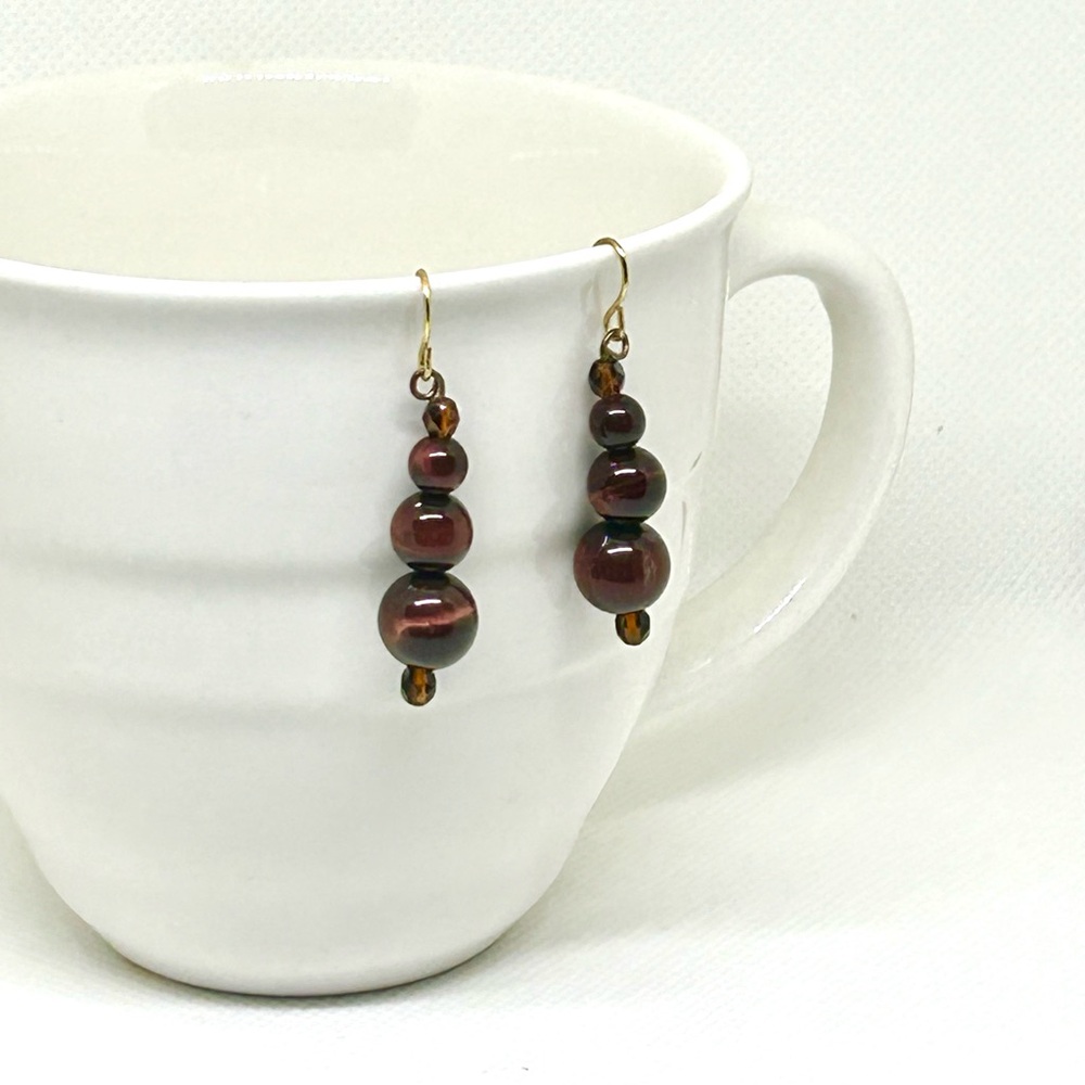 Tigers Eye Wooden Bead Drop Dangle Earrings
